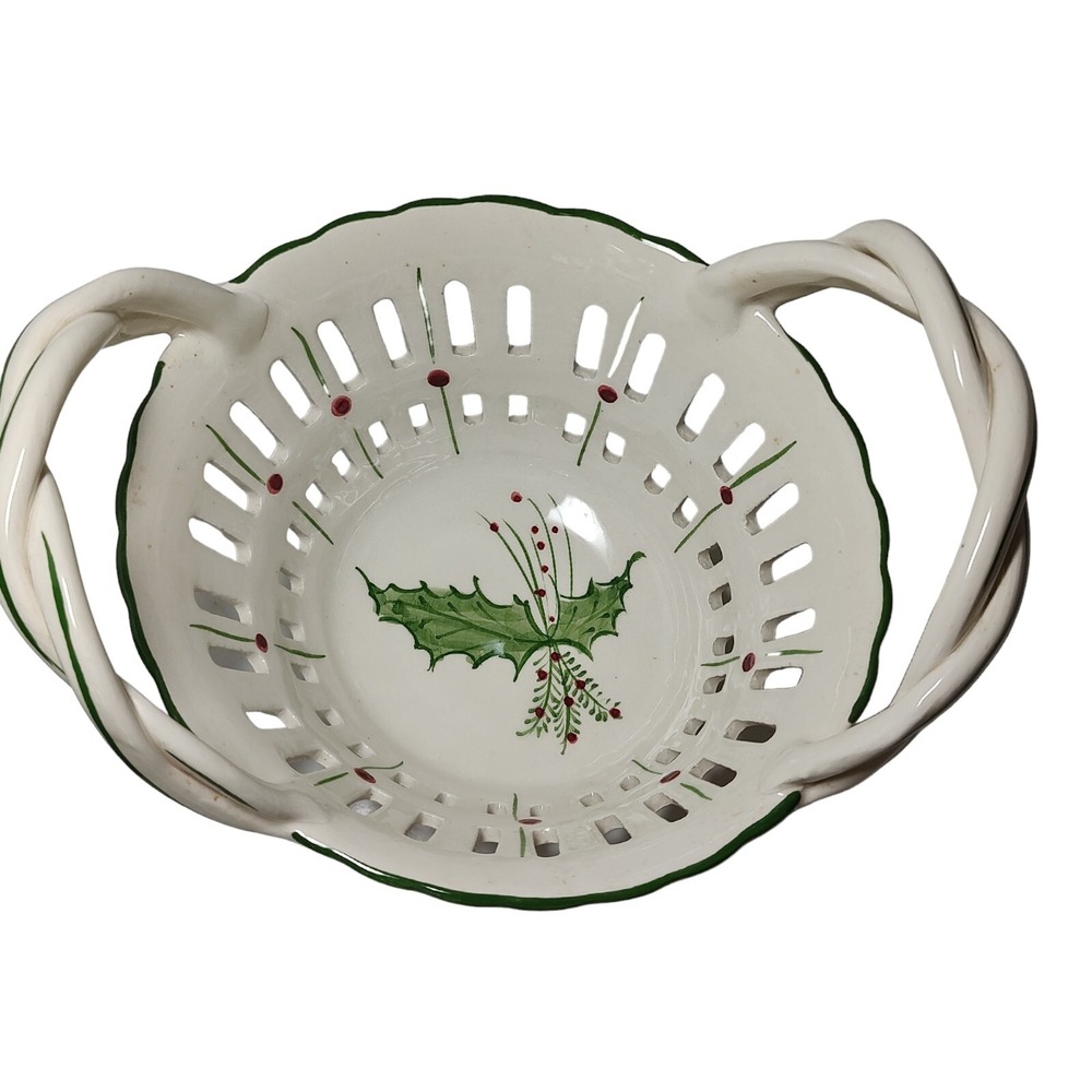 RCCL Reticulated Candy Basket Hand Painted Braided Handles Holly Portugal Signed